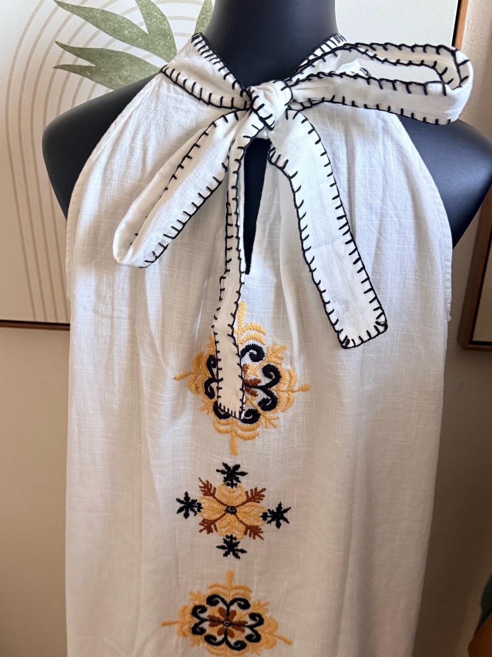 Solitaire White Embroidered Pocketed Maxi Dress with Tan and Black Accents - Picture 4 of 7